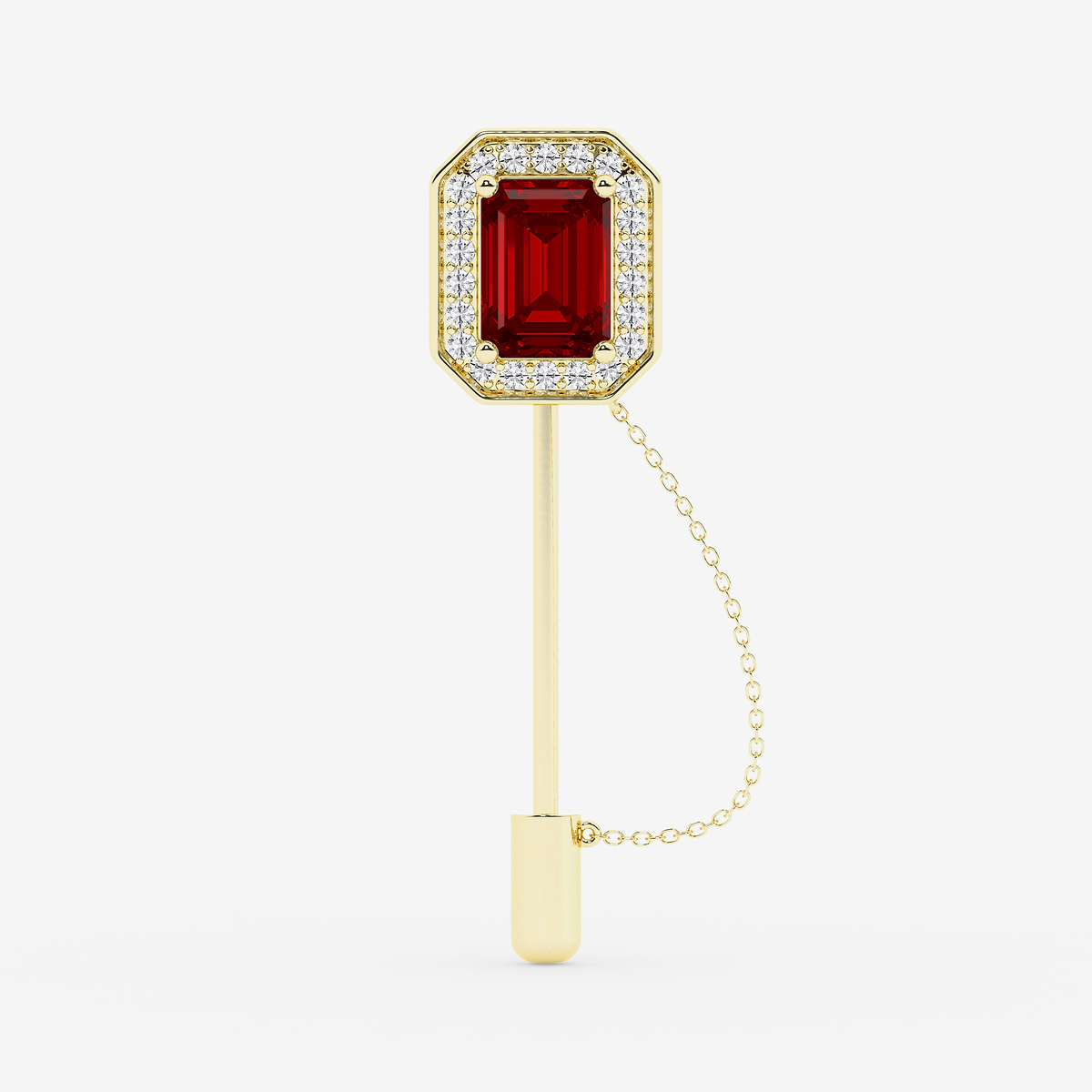 5 ctw Emerald Cut Ruby with Round Lab Grown Diamond Halo Lapel Pin